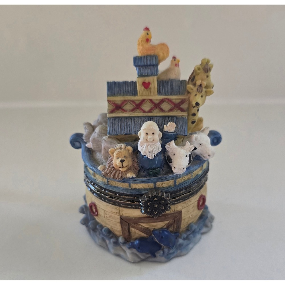 Noah's Ark Hinged Trinket Box Hand Painted Resin Animal Keepsake Box